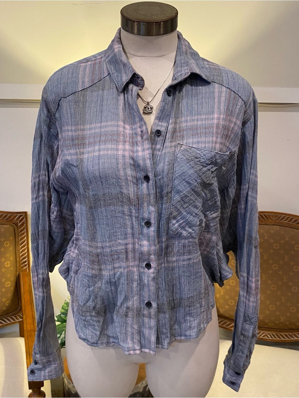 Free People Dusty Blue and Pale Pink Plaid Cotton Button-Down Shirt Size Small